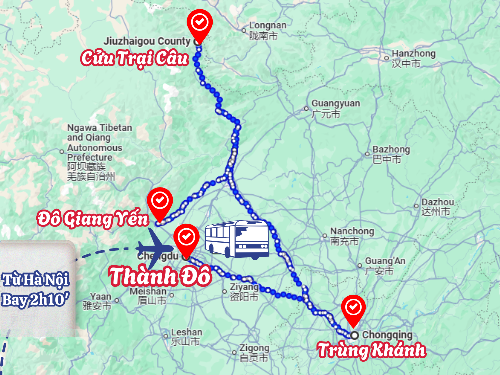 Bản đồ tour Thành Đô - Cửu Trại Câu