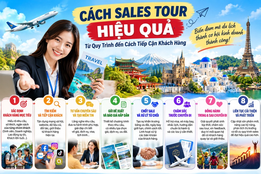 CÁCH SALES TOUR HIỆU QUẢ: TỪ QUY TRÌNH TIẾP NHẬN KHÁCH ĐẾN NGHỆ THUẬT CHĂM SÓC VÀ CHỐT TOUR