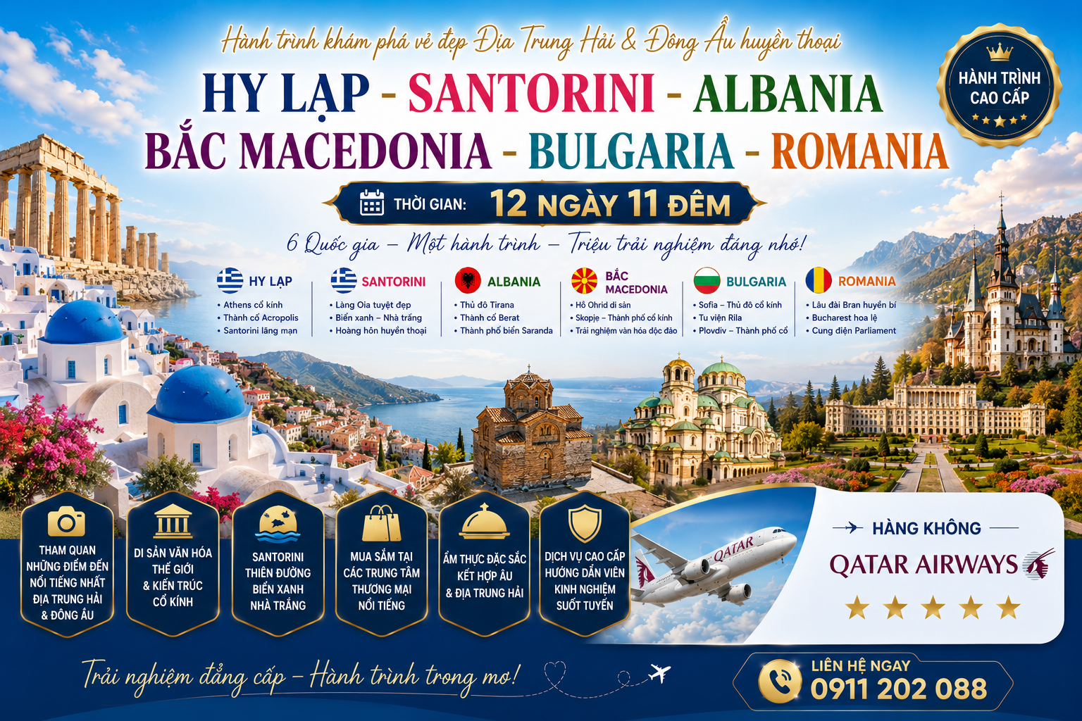 HY LẠP - SANTORINI - ALBANIA - BẮC MACEDONIA - BULGARIA - ROMANIA